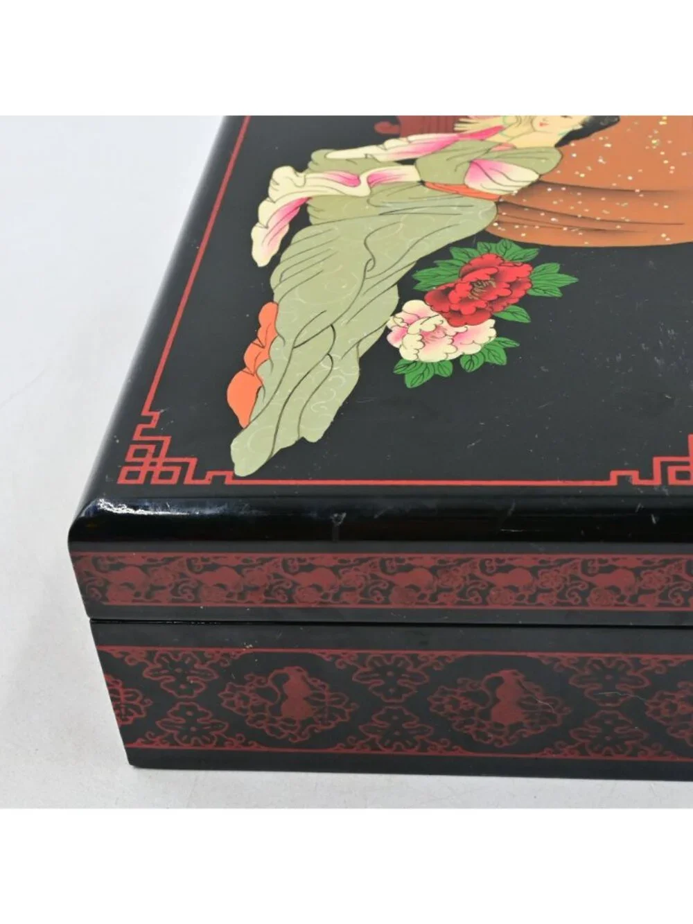 Chinese Black Lacquer Jewelry Box Vintage Hand Painted Reclining Lady Mirror